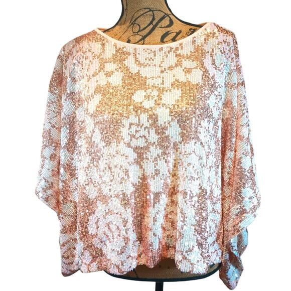 ENTRO WOMEN'S MEDIUM PINK GOLD SEQUIN PONCHO DOLMAN BLOUSE TOP - Picture 1 of 12